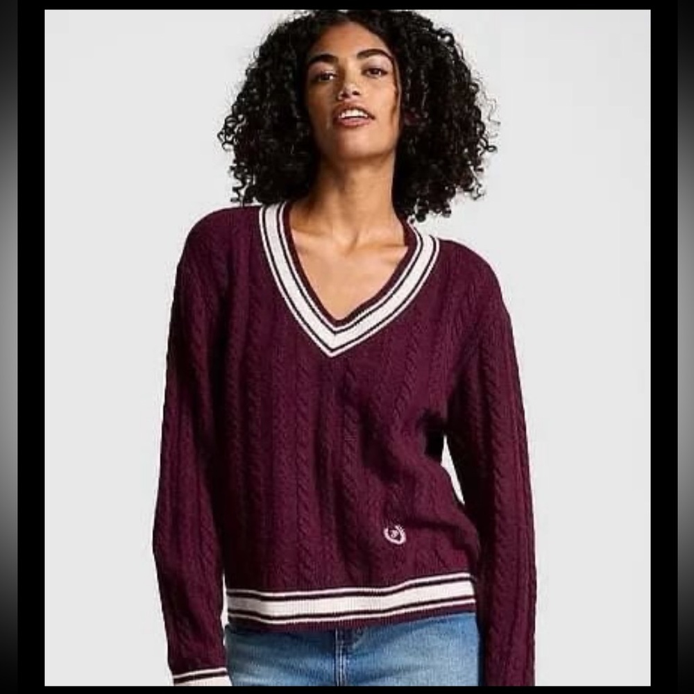NWT Victoria’s Secret Burgundy V-Neck Collegiate Sweater M